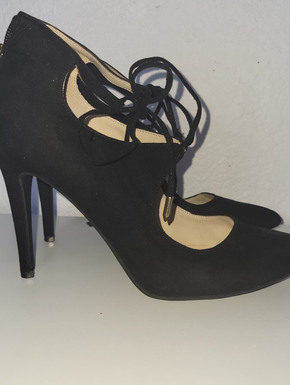 Women's Black Lace-Up Suede High Heel Pumps Sz 8